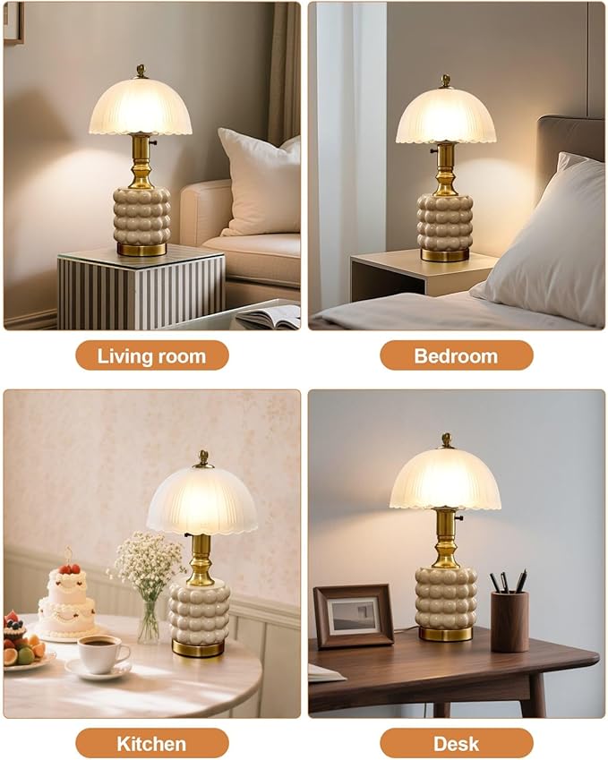 Vintage Lamp for Bedroom,Unique Lamps Cracked Ceramic lamp,UL Rotary Switch Control Glass lamp Shade,Small Table lamp for Living Room Decor Kitchen Lighting (White+Glass)