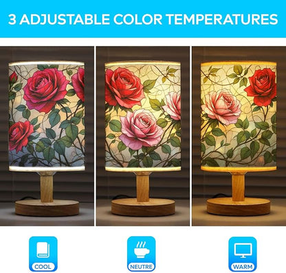 Rose Table Lamp LED 3-Color Pressed Bedside, Rose Shade Lamp with Wood Base for Bedroom Living Room Desk Office