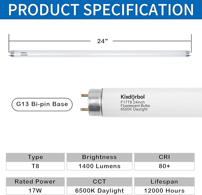 8 Pack 24 Inch F17T8/CW Fluorescent Light Bulb, T8 17 Watt, 4100K Cool White, T8 2FT Fluorescent Replacement Tube, G13 Medium Bi-Pin Base