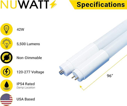 NUWATT T8 LED 8 FT Tube Frosted Lens (15 Pack) 42W 5500 Lumens 5000k, 120-277V; Double Pins, Breaks Down into 2-4 FT Fixtures, (15 Pack)