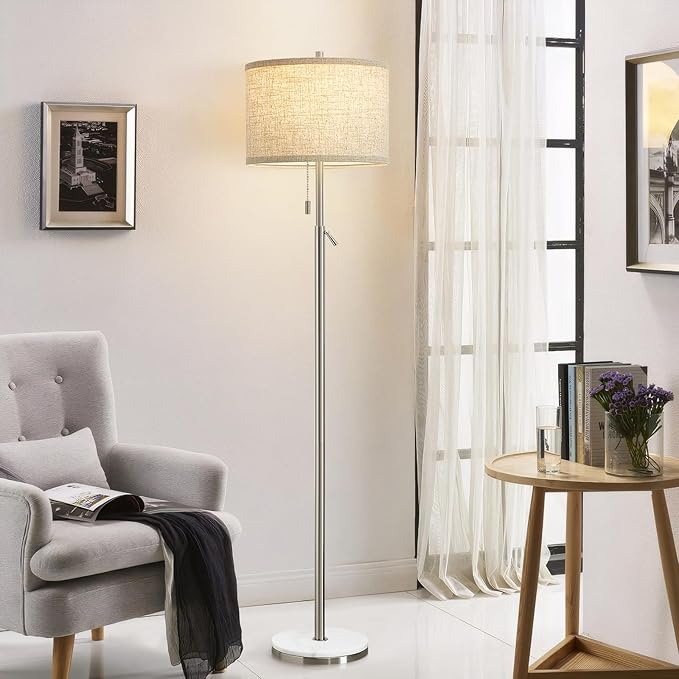 GyroVu Marble Floor Lamp, Adjustable Height Standing Lamp with Marble Base Tall Lamp with Pull Chain Switch Floor Lamps for Living Room, Bedroom & Office Bulbs Not Included(Silver)