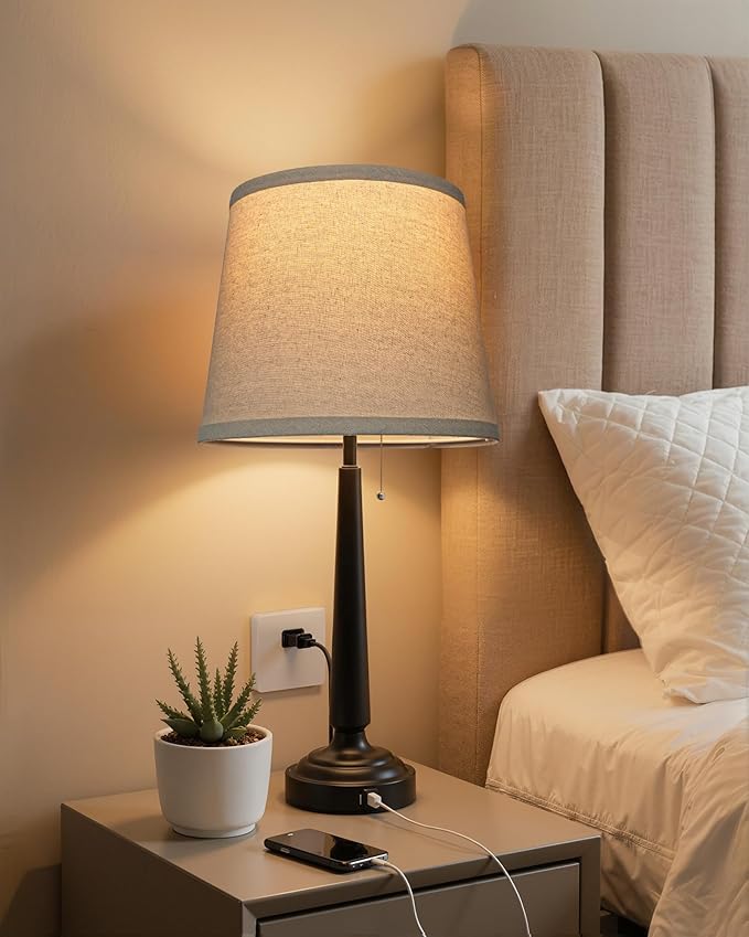 22'' Table Lamps for Living Room Set of 2: Farmhouse Vintage Lamps for Night Stands, Skinny Table Lamp with USB C+A Ports, 3-Way Dimmable Bedroom Lamp with Fabric Linen Lampshade, LED Bulbs Included
