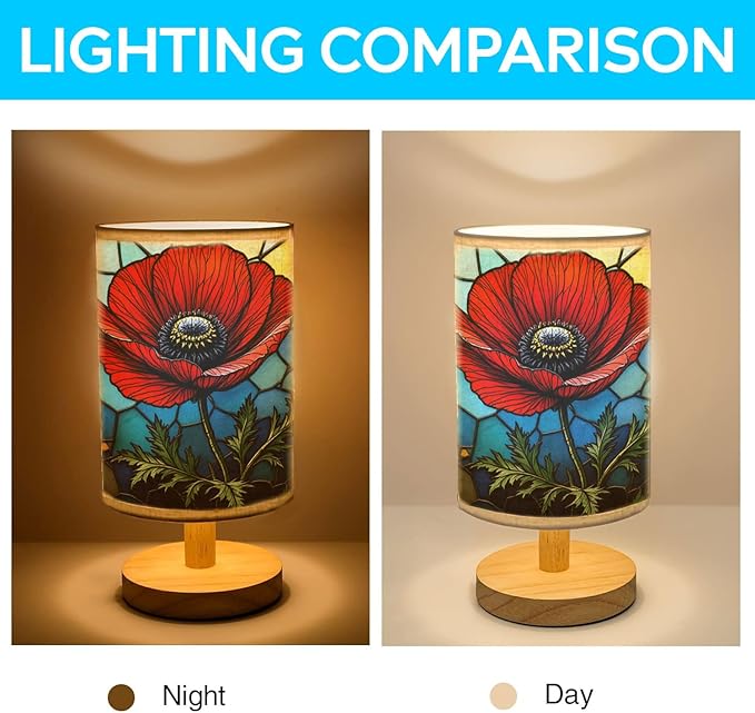 Poppy Table Lamp LED 3-Color Pressed Bedside, Poppy Shade Lamp with Wood Base for Bedroom Living Room Desk Office TL01