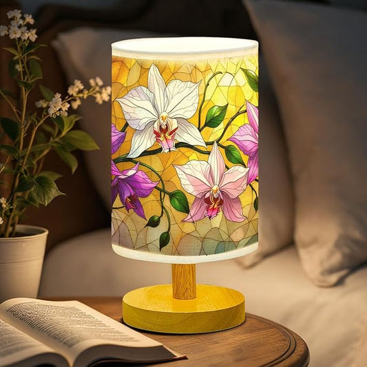 Orchid Table Lamp LED 3-Color Pressed Bedside, Orchid Shade Lamp with Wood Base for Bedroom Living Room Desk Office