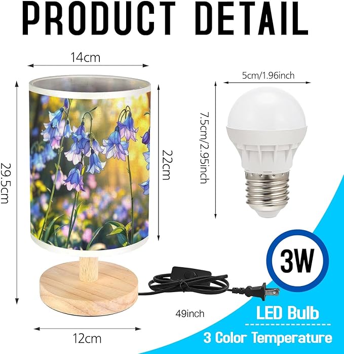 Bluebell Table Lamp LED 3-Color Pressed Bedside, Bluebell Shade Lamp with Wood Base for Bedroom Living Room Desk Office TL01