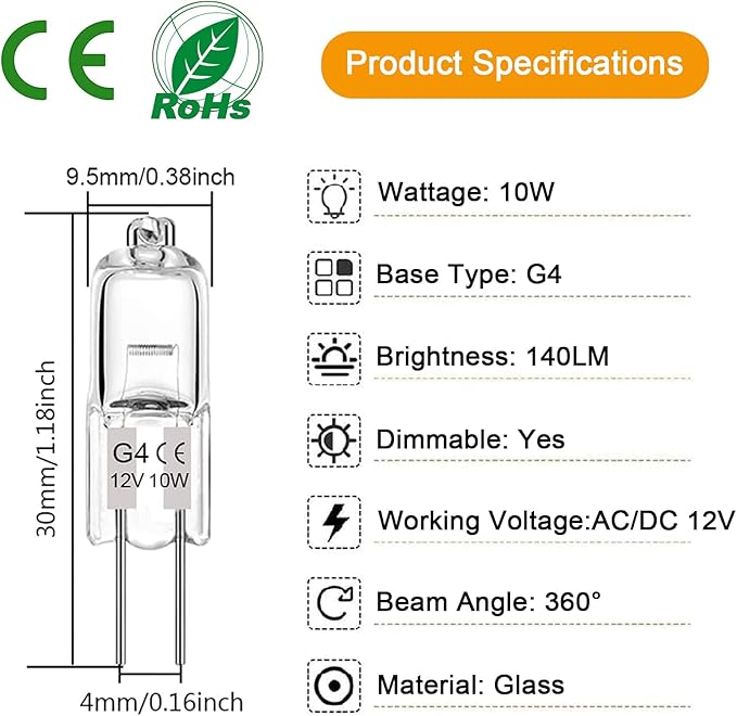 G4 Light Bulbs, 12 Pack Crystal Clear Halogen Bulb 2 Pin, Premium Quality 12V 10W JC T3 Bi-pin G4 Capsule Bulb for Landscape Lighting, Under Cabinet Puck Light, Dimmable, 2700K Warm White