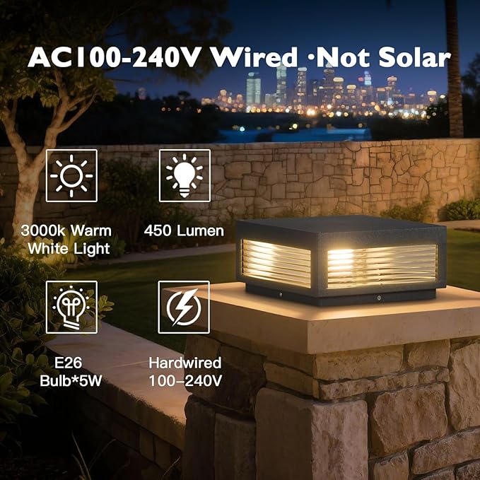 Outdoor Post Lights, 11.81" Column Pillar Light Hard Wired, Modern Fence Posts Lamp Waterproof 3000K Warm LED Lighting Lantern with E26 Bulb for Patio Driveway Garden Decoration