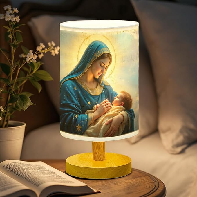 The Virgin Mary Holding Baby Jesus Table Lamp LED 3-Color Pressed Bedside, The Virgin Mary Holding Baby Jesus Shade Lamp with Wood Base for Bedroom Living Room Desk Office TL01