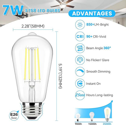 Brightever Vintage LED Edison Bulbs 60 Watt Equivalent, Dimmable 5000K Daylight White Light Bulbs, 7W, 850LM E26 LED Bulb, 90+CRI, ST58 Clear Glass Antique Decor Filament Lightbulbs for Room, 6-Pack