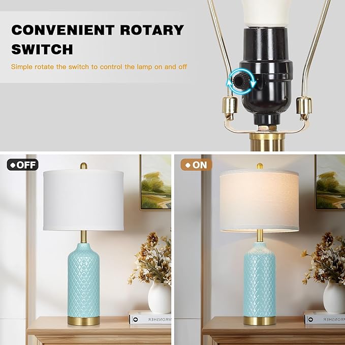 26“ Aqua Blue Ceramic Lamp Single, Coastal Table Lamps for Living Room End Table, Modern Bedside Lamp for Nightstand, Elegant Farmhouse Bedroom Lamps for Desk Side Home Decor(Bulb Included)