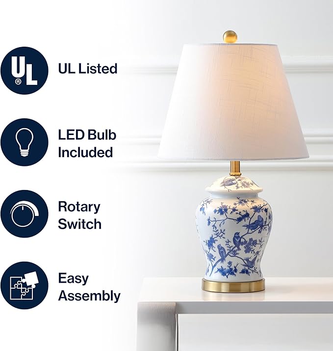 JONATHAN Y JYL3005A 22" French Country Ginger Jar Table Lamp, Blue and White Chinoiserie Ceramic Bedside Lamp for Living Room, Traditional Bedroom Nightstand with White Linen Shade, LED Bulb Included