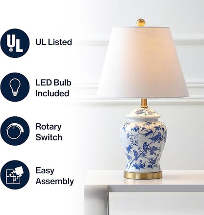 JONATHAN Y JYL3005A 22" French Country Ginger Jar Table Lamp, Blue and White Chinoiserie Ceramic Bedside Lamp for Living Room, Traditional Bedroom Nightstand with White Linen Shade, LED Bulb Included