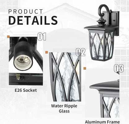 JYZ Dusk to Dawn Outdoor Wall Lantern, Craftsman Style Exterior Sconce Light with Water Ripple Glass, Traditional Porch Light Fixture Wall Mount Lamp for Front Porch Doorway Garage Patio Garden 14''