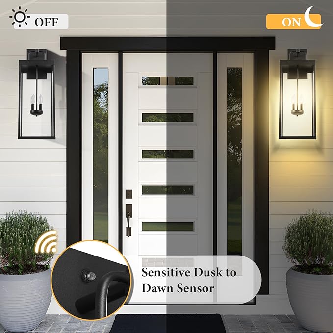 Dusk to Dawn Outdoor Wall Sconce Light, 28 Inch Tall Transitional Exterior Wall Lighting with Clear Glass, Anti-Rust Powder Coat Black Modern Outside Wall Lantern for Front Porch, DDRZ008XL BK