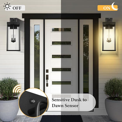 Dusk to Dawn Outdoor Wall Sconce Light, 28 Inch Tall Transitional Exterior Wall Lighting with Clear Glass, Anti-Rust Powder Coat Black Modern Outside Wall Lantern for Front Porch, DDRZ008XL BK