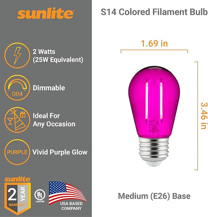 Sunlite LED S14 String Light Bulb, 2 Watts (25W Equivalent), Medium E26 Base, Party Decoration, Holiday Lighting, Transparent, Dimmable, UL Listed, Purple, 6 Count
