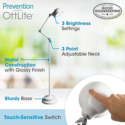 OttLite Pharmacy Adjustable LED Floor Lamp, Prevention Series - Designed to Reduce Eyestrain - 3-Point Adjustable Neck, 3 Brightness Settings with Touch Controls - Office Work, Reading & Studying