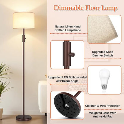 【Upgraded】 Dimmable Floor Lamp, 1000 Lumens LED Bulb Included, Modern Floor Lamps for Living Room, Standing Lamp with Linen Shade, Tall Lamp for Bedroom Office Dining Room- Brown