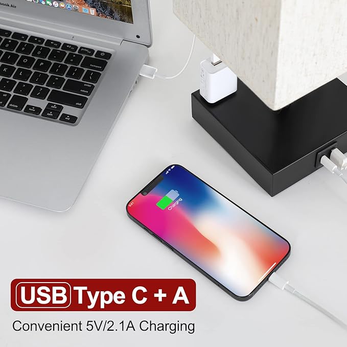 Soilsiu Bedside Table Lamp for Bedroom - Touch Small Lamp with USB C+A Charging Ports & AC Outlets, 3 Way Dimmable Nightstand Light for Living Room (LED Bulb Included, Flaxen)