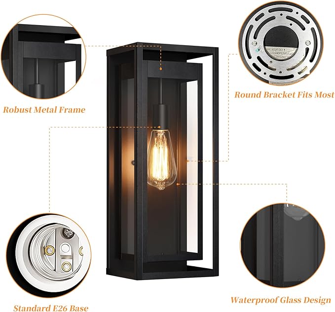 19" Outdoor Wall Lights, 2 Pack Large Size Matte Black Outdoor Sconce Lights with Clear Glass Shade, Waterproof Porch Lighting Exterior Light Fixture for Front Door, Garage