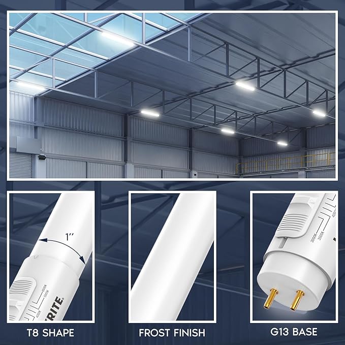 LUXRITE 2FT LED Tube Light, T8, 8W=17W, 5CCT 3000K- 6500K, 960LM, 320° Beam Angle, Fluorescent Replacement, Ballast Compatible or Bypass, Single or Double End Powered, Damp & UL Listed (30 Pack)