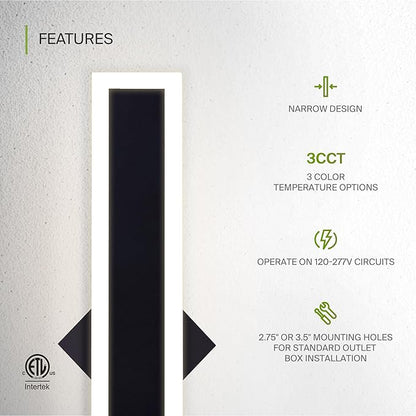 ASD LED 18" Long Wall Mount Light Fixture, Outdoor & Indoor Linear Sconce | 3CCT, Dimmable, Waterproof, Anti-Rust, ETL Listed | 18W 1500LM 3000-5000K 100-277V | Exterior Porch Lighting | Black