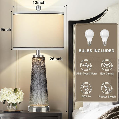 Glass Table Lamp Set of 2, 26" Modern Table Lamps with USB A+C Ports & AC Outlet, Touch Control Bedside Nightstand Lamp with LED Night Light for Living Room Bedroom Home Decor Black(4 Bulbs Included)