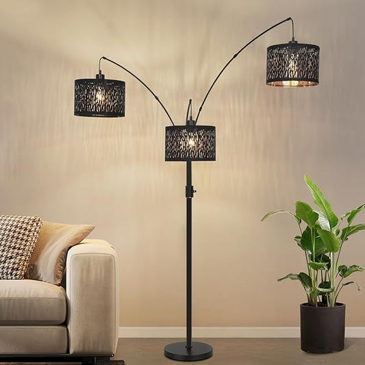 Dimmable Floor Lamp-3 Lights Arc Floor Lamps for Living Room,Modern Tall Standing Lamp With Black Drum Hollow-carved Design Shades,Gothic Mid Century Tree Floor Lamp for Bedroom Corner,Bulbs Included
