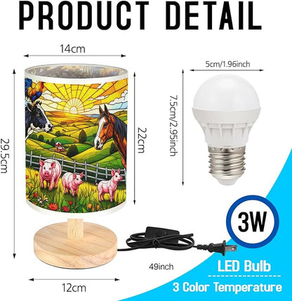 Farm Animals Table Lamp LED 3-Color Pressed Bedside, Farm Animals Shade Lamp with Wood Base for Bedroom Living Room Desk Office TL01