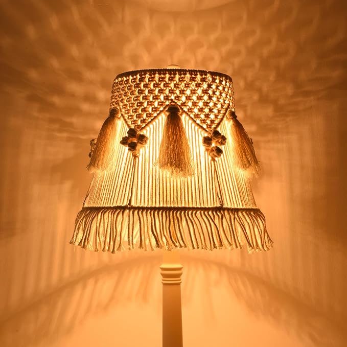 Boho Bell Lampshade Handmade White Ivory Lamp shade 7.5``Top x 12``Bottom x 11``High(Spider) Medium Woven Lamp shade for Table Lamp & Bedside Lamp - Replacement Tassel Lampshade