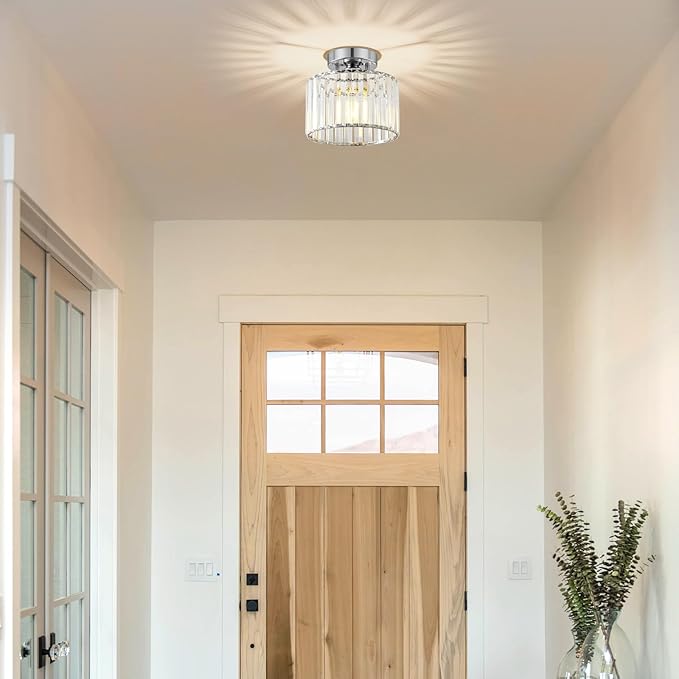 Crystal Chrome Semi Flush Mount Ceiling Light Modern Hallway Light Fixture Metal Close to Lamp for Entryway Bathroom (8.66 inch)