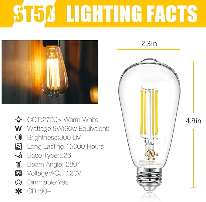 DAYBETTER 10 Pack Vintage LED Edison Bulbs, E26 Dimmable LED Bulb, 60 watt Equivalent, ST58 Antique Filament Light Bulbs with Warm White 2700K, Brightness 8W, 800LM, 80+ CRI, Clear Glass