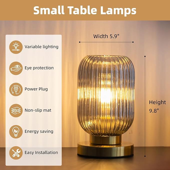Bedside Table Lamp with Glass Shade, Small Nightlight Lamp Elegant Gray Ribbed Glass Nightstand Lamp Modern Desk Lamp with Plug-in Style for Bedroom Living Room Tabletop Dia5.9 x H9.8