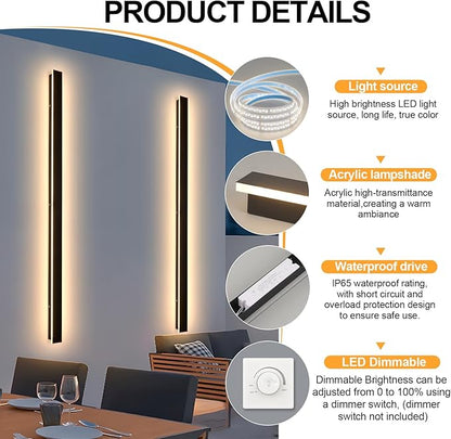 Porch Wall Lights 79 Inch Black Outdoor Wall Light 3000K Modern Waterproof Anti Rust Exterior Wall Sconces Long LED Linear Exterior Lighting Fixtures for Patio Garage Swimming Pools