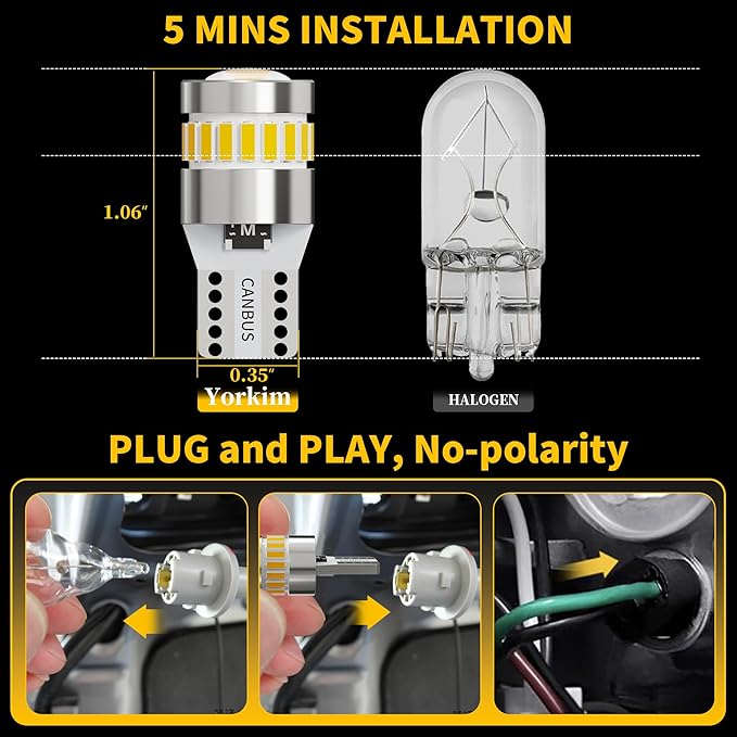 Yorkim 194 LED Bulb 6300K White, 168 2825 W5W T10 LED Light Bulb Error Free for License Plate, Dome, Map, Courtesy, Side Marker Lights, Pack of 2