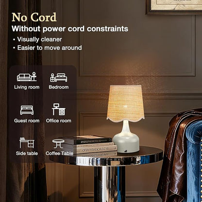 Cordless Boho Table Lamp Beige, Wicker Shade, 5200-mAh Rechargeable Battery, 3-Way Dimmable, Build-in Integrated LED 320 Lumen Max, for Bedside Living Room