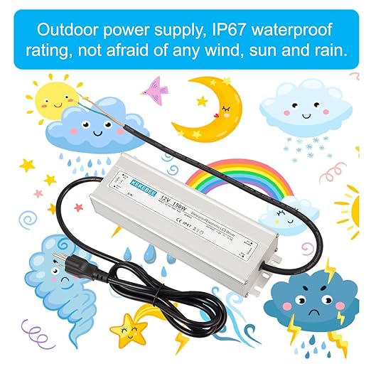 LED Driver 12V150W Waterproof IP67 Power Transformer AC90-130V to DC 12V12.5A Low Voltage Switching Power Supply with 3-pin US Plug for Indoor and Outdoor LED Light Strips and 12V DC Devices