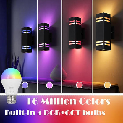 Up and Down Lights Outdoor, RGB Color Changing Outdoor Wall Lights with Dusk to Dawn Photocell Sensor，LED Smart Exterior Wall Light Fixtures for House Front Door Porch Patio 2 Pack