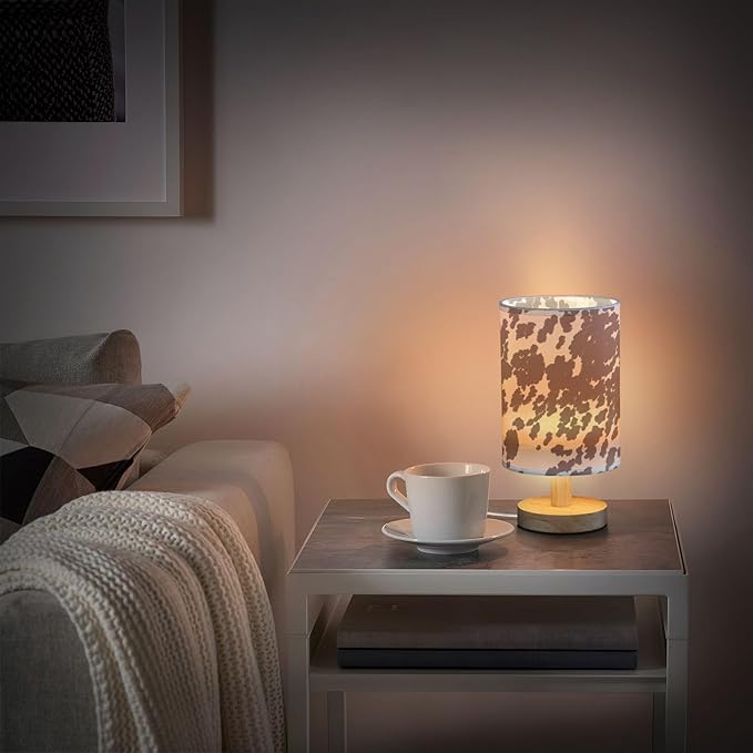 Bedside Lamp Cow Horse Print Brown Spots Table Lamp for Bedroom LED Nightstand Lamp Shade USB Ports Wood Base for Living Room Dorm Office