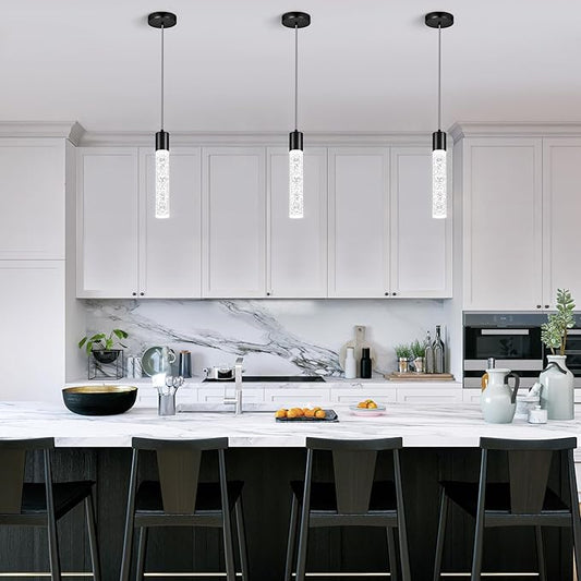 Pendant Lights Kitchen Island, 6500K Modern Kitchen Island Lights Brushed Black, 1 Pack Ceiling Lighting Fixtures with Crystal Bubble, Integrated LED Hanging Light for Dining Room Restaurant