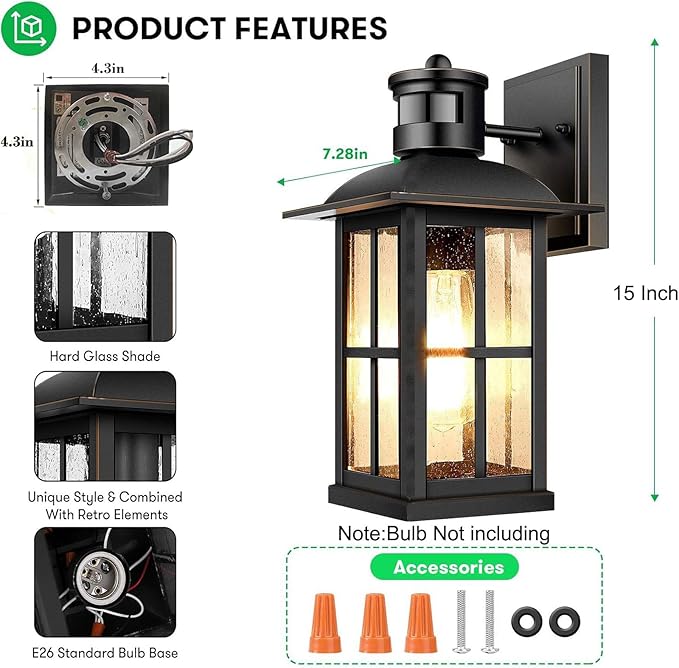 6Pack 15inch Large Outdoor Wall Lights,Modern Black Exterior Wall Light Fixture Lanterns with E26 Sockets & Tempered Glass,Waterproof Porch Lighting for Wall,Porch,Garage,Garden