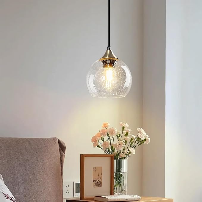 Clear Glass Pendant Lights Kitchen Island Lighting Globe Pendant Light Fixtures Modern Pendant Lighting for Kitchen Island Bedroom Living Dining Room Light Fixture(5.9in, 1-Pack)