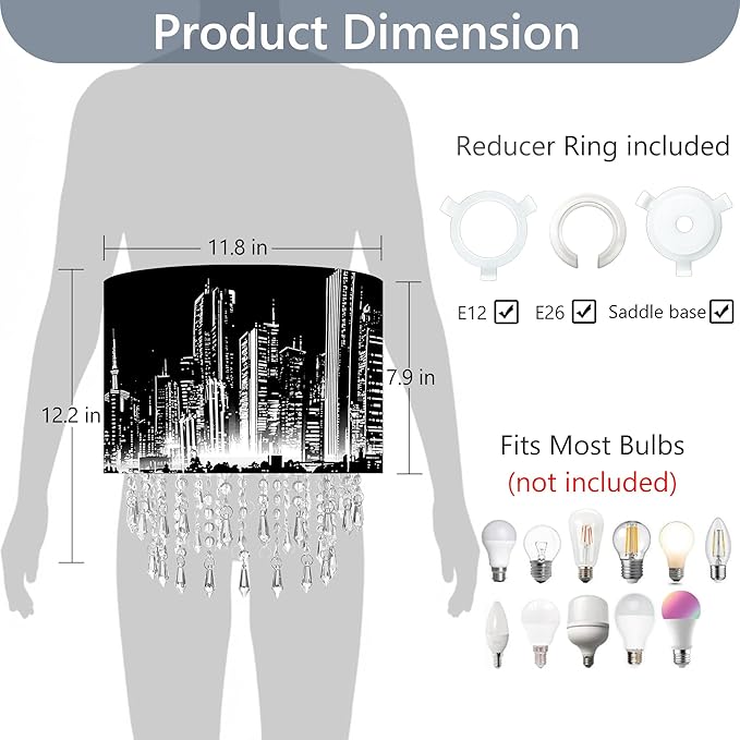 City Skyline Lamp Shade with Acrylic Bead Droplets, Black & White Drum Fabric Light Shade for Ceiling Pendant Table & Floor Lamps, Modern Home Decor, 11.8in