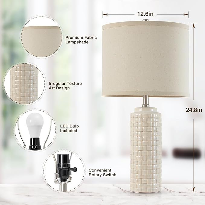 Luvkczc 24.8" Modern Ceramic Bedside Lamp Set of 2, Color Temperature&Bulbs Included - Farmhouse Nightstand Lamps for Living Room Bedroom End Table Office Entryway
