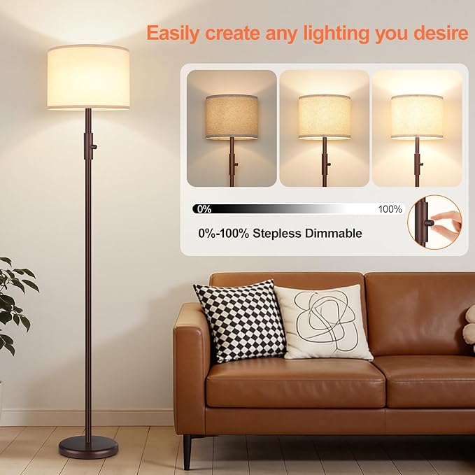 【Upgraded】 Dimmable Floor Lamp, 1000 Lumens LED Bulb Included, Modern Floor Lamps for Living Room, Standing Lamp with Linen Shade, Tall Lamp for Bedroom Office Dining Room- Brown