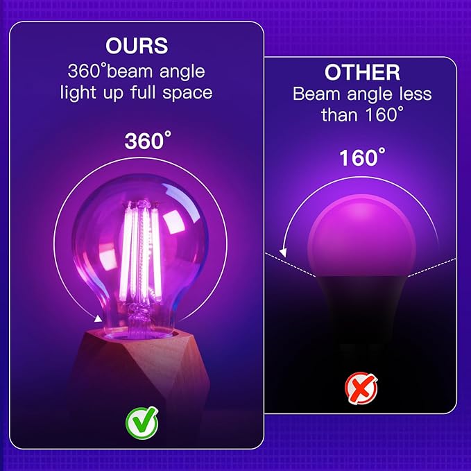 6 Pack E26 A19 Filament LED Black Light Bulbs, 9W Blacklight Bulb, 100W Equivalent, Black Light Bulb Glow in Dark Party Fluorescent Posters Decor Display