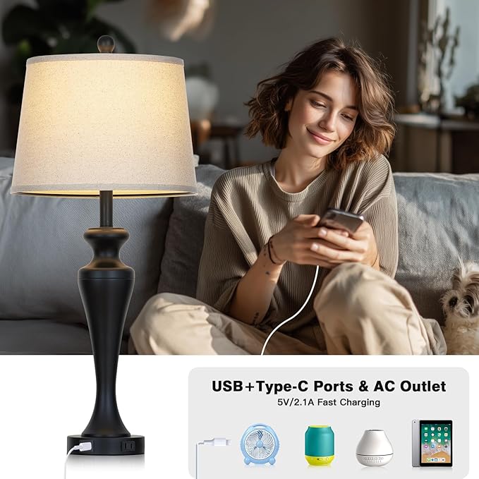 30 Inch Black Table Lamp Single, 3-Way Dimmable Touch Control Living Room Lamps with USB A+C Ports and AC Outlet, Tall Bedside Lamps for Nightstand, Modern Metal Bedroom Lamp, Bulb Included