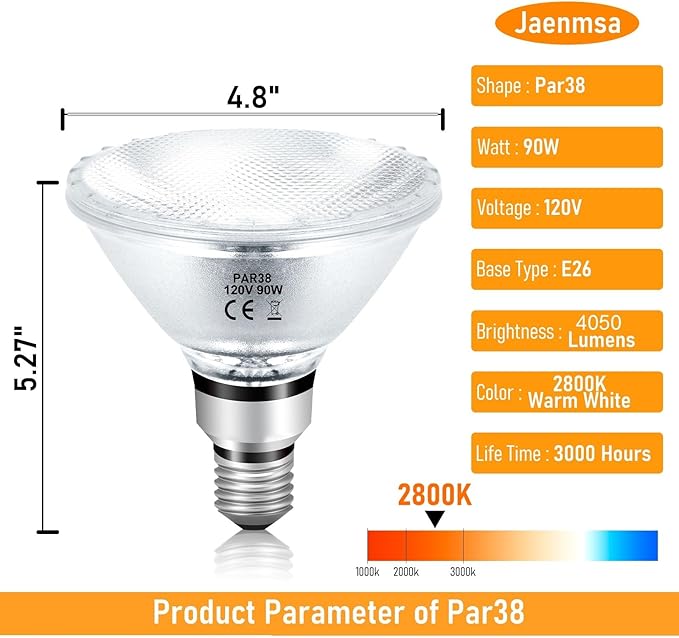 PAR38 Halogen Flood Light Bulbs 90W 120V, 2Pcs PAR38 Halogen Light Bulbs with E26 Base, 2800K Warm White, 4050 Lumens for Indoor and Outdoor