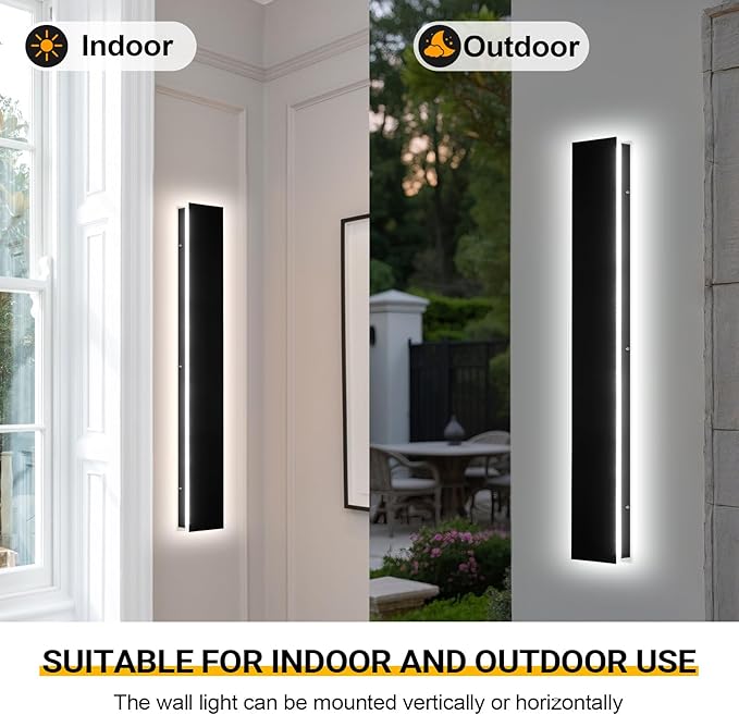 47.2in 2pcs Outdoor Wall Light Exterior,AioTio Black Long LED Outdoor Wall Light Fixtures Wall Mount,Upgraded 4.72in Wide Dimmable IP65 Waterproof Modern Porch Lights Wall Sconce for Garage,Courtyard
