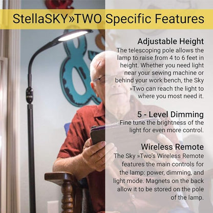 Stella Sky Two Premium 10W LED Task Light Floor Lamp - Black - Adjustable Dimmable Low Vision Natural Sunlight - Bright Macular Degeneration Lighting - Hobby, Crafting, Sewing, Artist, Reading, Office